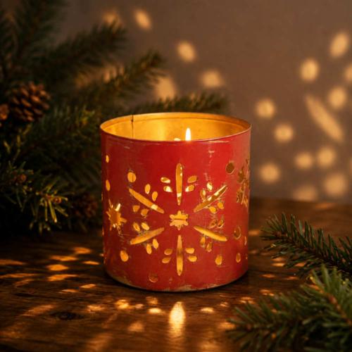 Tealight Holder Metal Red Snowflakes 6 x 6cm