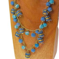 Necklace recycled denim jeans, multi cloth beads round & rolls