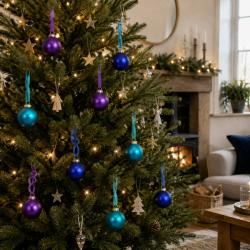 Box of 9 Glass Tree Decorations Round Blue Lilac Violet