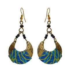 Earrings, brass & fabric, drop, semi circle shape, blue & yellow 5.5 x 3cm