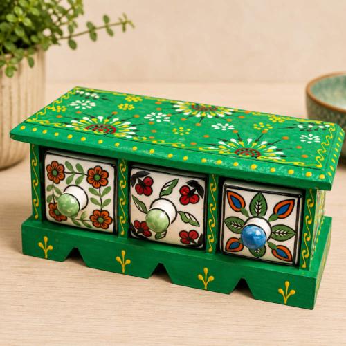 Mini Chest Mango Wood Green 3 Ceramic Drawers 23x10x10cm