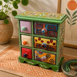 Mini Chest Mango Wood Green 6 Ceramic Drawers 20x10x23cm