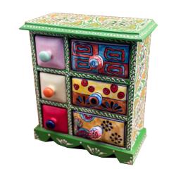 Mini Chest Mango Wood Green 6 Ceramic Drawers 20x10x23cm