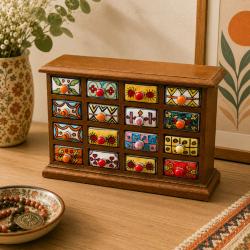 Mini Chest Mango Wood 16 Ceramic Drawers 23x7x17cm