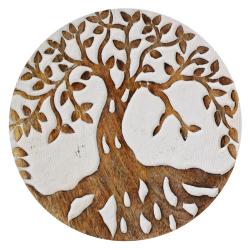 Trivet/pan stand, whitewashed mango wood, Tree of Life design, 20cm diameter