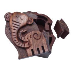 Puzzle box, hand carved sheesham wood, elephants 10x9x6cm