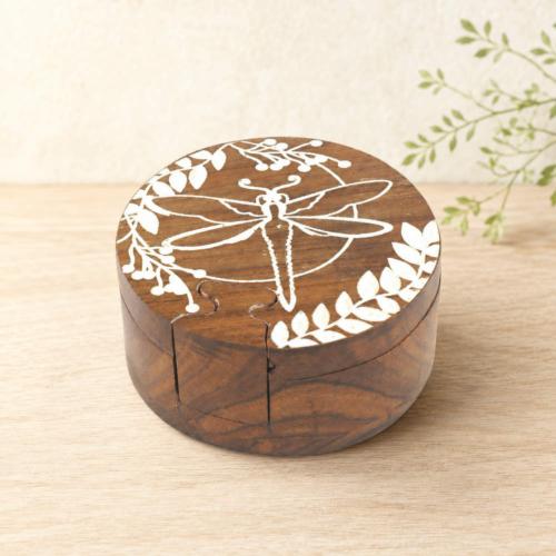 Puzzle Box Round Dragonfly Sheesham Wood 10 x 10 x 6cm
