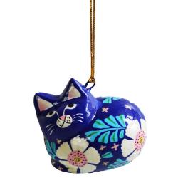 Hanging cat decoration, flowers on dark blue, papier maché