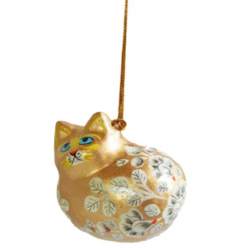 Hanging cat decoration, flowers on gold, papier maché