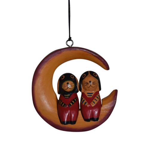 Hanging moon with dogs hand carved Albesia wood, 10 x 10cm