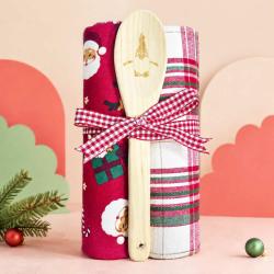2 Christmas Tea Towels + Wooden Spoon Recycled Cotton