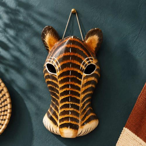 Mask Albesia Wood Big Cat Orange Black Stripes 20cm