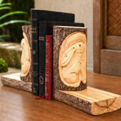 Hand-Carved Hare Bookends Jempinis Wood