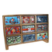 Wooden mini chest, 9 ceramic drawers
