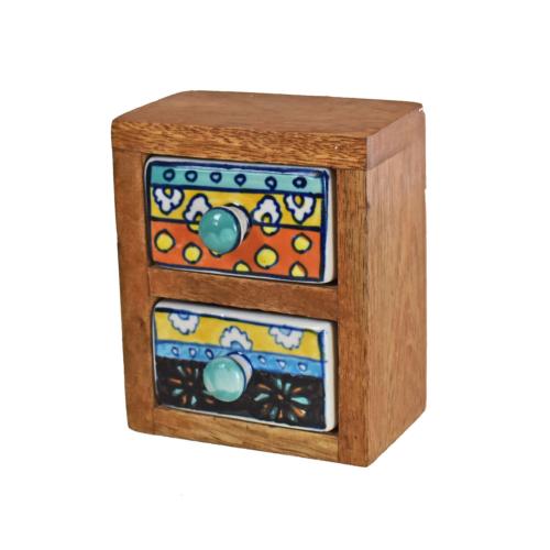 Wooden mini chest with 2 brightly coloured drawers 9 x 11.5 x 7cm