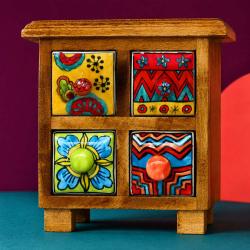 Mini Chest Mango Wood 4 Ceramic Drawers Multicoloured 19x10x18cm 