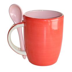 Pink hand-painted mug and spoon, 10 x 8 cm
