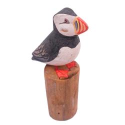Hand-Carved Albesia Wood Puffin on Driftwood Log