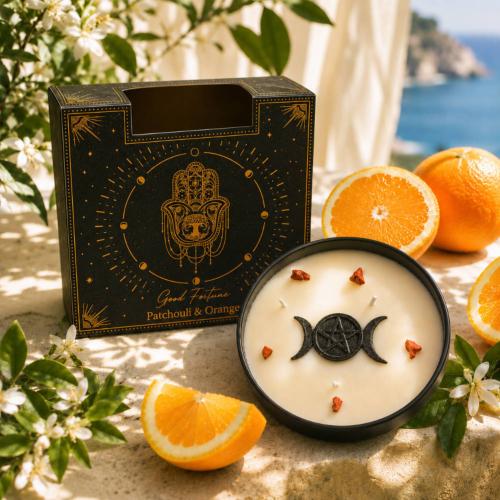 Candle with Gemstone Esoteric Good Fortune, Patchouli + Orange 200g
