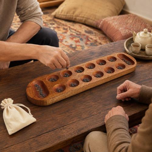 Mancala Board Game Mango Wood with Glass Marbles