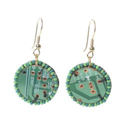 Earrings, recycled circuit board circle edged with glass beads