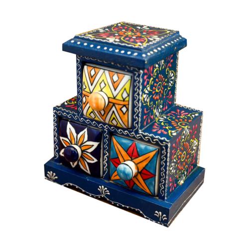 Mini Chest Mango Wood Blue 3 Ceramic Drawers 17x10x19cm