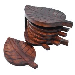 Set of 6 Leaf Shaped Coasters in Holder, Hand Carved Sheesham Wood