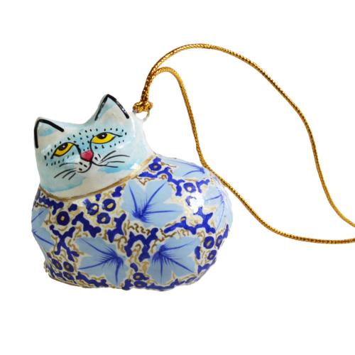 Hanging cat decoration, flowers on light blue, papier maché