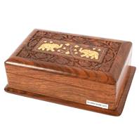 Wooden secret lock box with 2 brass elephants