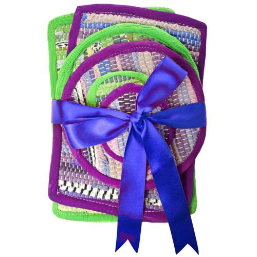 Set of 2 each rectangular place mats, round place mats, coasters, greens & purples