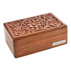 Secret Lock Box Hand Carved Sheesham Wood with Floral Carving 15x9.5x5.5cm