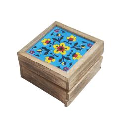 Secret Lock Box Mango Wood with Tile - Floral on Blue