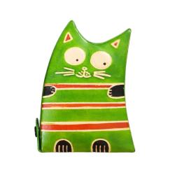 Leather Moneybox Leaning Cat Green 10 x 3.5 x 13.5cm