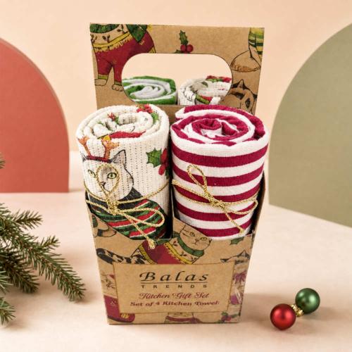 4 Christmas Tea Towels In Carrier Box Recycled Cotton