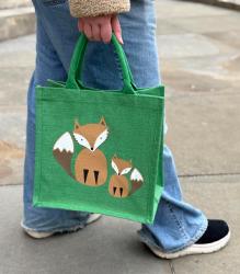 Jute shopping bag, green with foxes