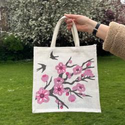 Jute shopping bag, square, cherry tree with swallows