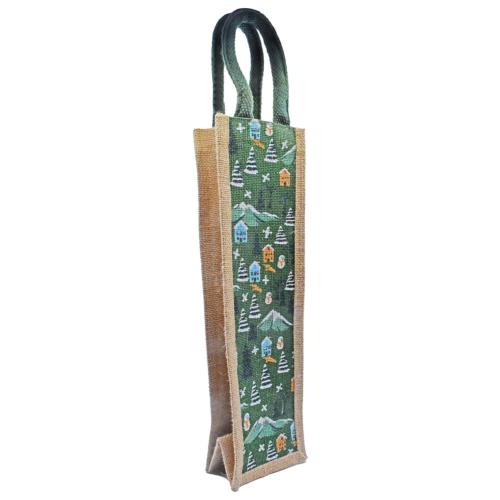 Jute Bottle Gift Bag, Winter Scene 10x36cm