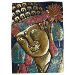 Wall hanging woodcarving Budhha head to side multicoloured 30 x 40 x 3xm