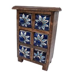 Wooden mini chest with 6 blue and white drawers 17 x 24 x 11.5cm