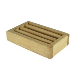 Soap dish hand carved bamboo with three shaped bars 11 x 6.5 x 2cm