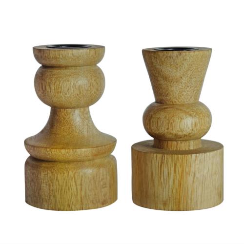 Candlestick/holder hand carved eco-friendly mango wood natural 10cm height asstd