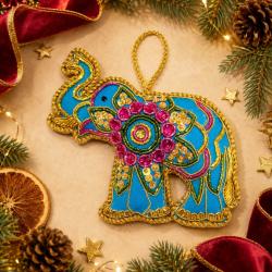 Hanging Decoration Embroidered Elephant Blue