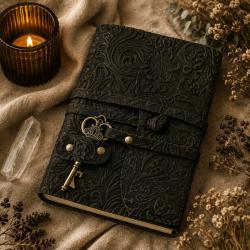 Notebook with Key Leather Floral Embossed Black 13 x 18cm