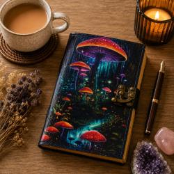 Notebook with Clasp Leather Bound Toadstools 13 x 18cm