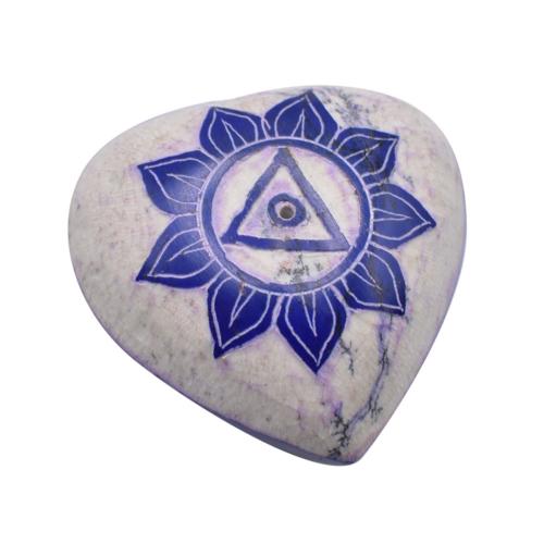 Pebble / incense holder heart carved soapstone, chakra throat 5.5cm