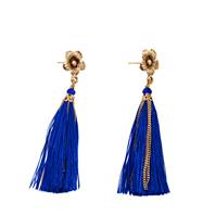 Earrings, rose gold coloured, blue bead and tassel
