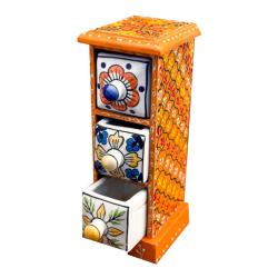 Mini Chest Mango Wood Orange 3 Ceramic Drawers Vertical 10x10x25cm