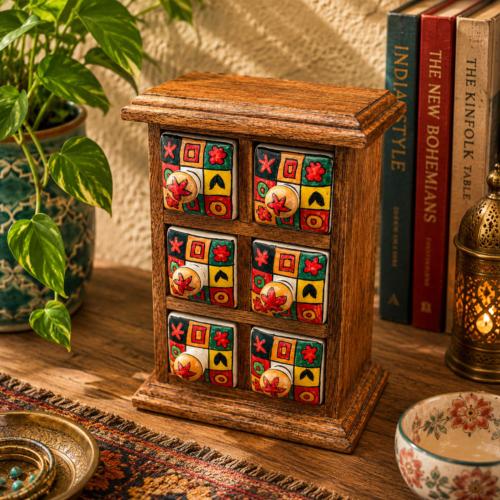 Mini Chest Mango Wood 6 Ceramic Drawers 10x16x24cm