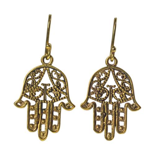 Brass earrings hamsa hand, gold colour