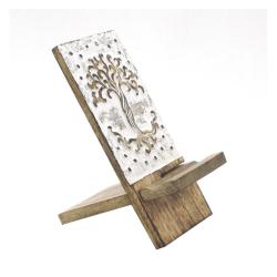 Mobile Phone Stand Mango Wood Tree of Life Whitewashed